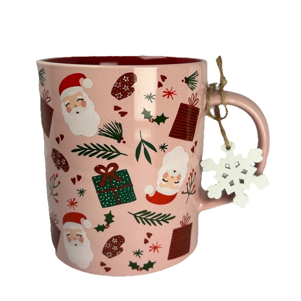 Pink Santa Christmas Mug Red Interior Holiday Icons Gifts Holly Ornament Cup